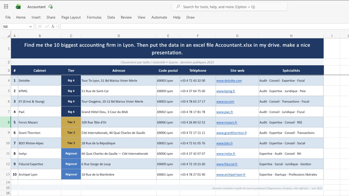 Excel file 'Accountant.xlsx' that Brain researched, built and formatted in OneDrive from a single prompt — the 10 biggest accounting firms in Lyon with tier, address, phone, website and specialities